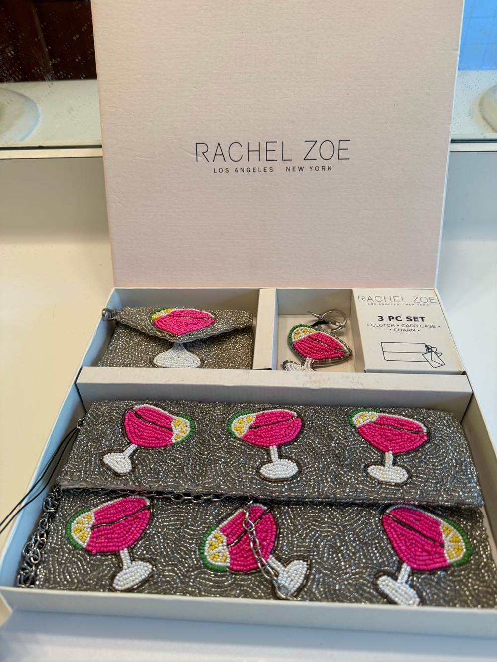 3 piece Rachel Zoe Silver Sequin Crossbody Set with Pink Cocktail Bead Embroider